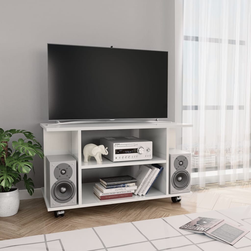 vidaXL magasfényű fehér szerelt fa TV-szekrény görgőkkel 80x40x45 cm
