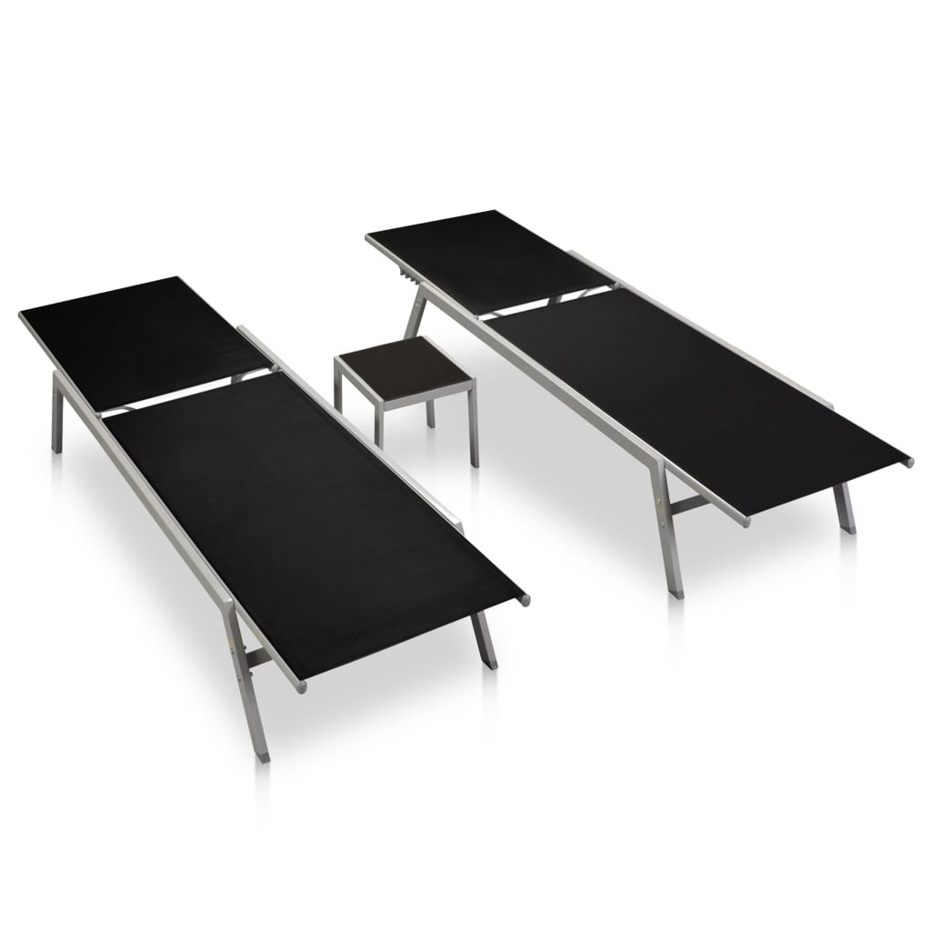 vidaXL 2 db fekete acél és textilén napozóágy asztallal