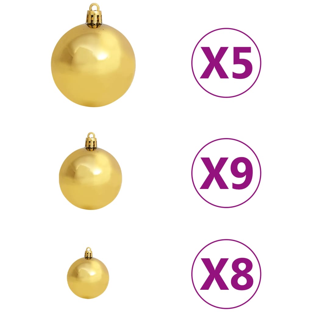 vidaXL aranyszínű vékony karácsonyfa LED-ekkel és gömbszettel 240 cm