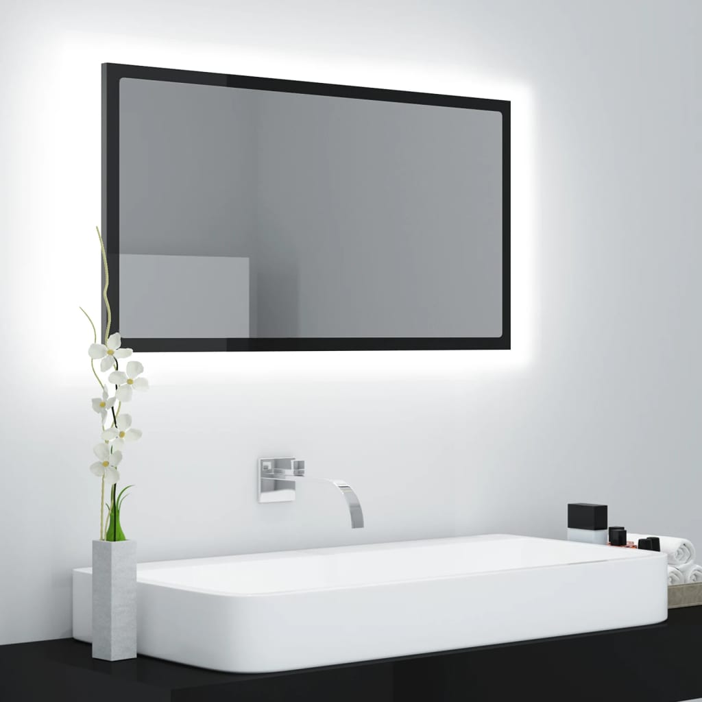 vidaXL magasfényű fekete akril LED-es fürdőszobatükör 80x8,5x37 cm