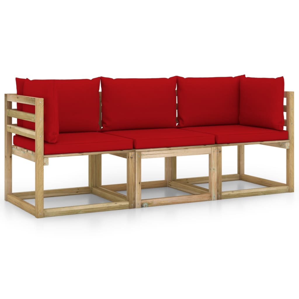 vidaXL háromszemélyes kerti kanapé piros párnákkal