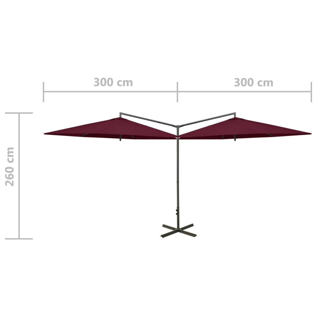 vidaXL bordóvörös dupla napernyő acélrúddal 600 cm