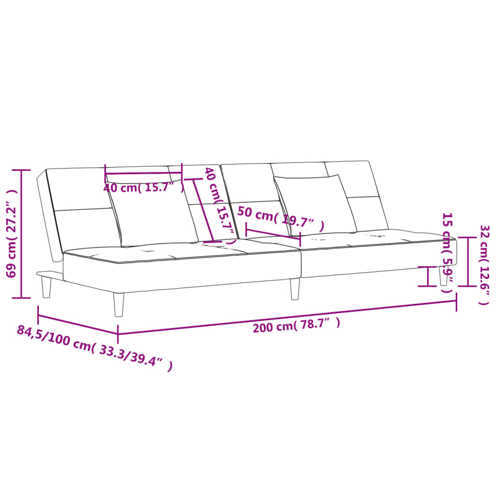 vidaXL kétszemélyes bordó bársony kanapéágy két párnával