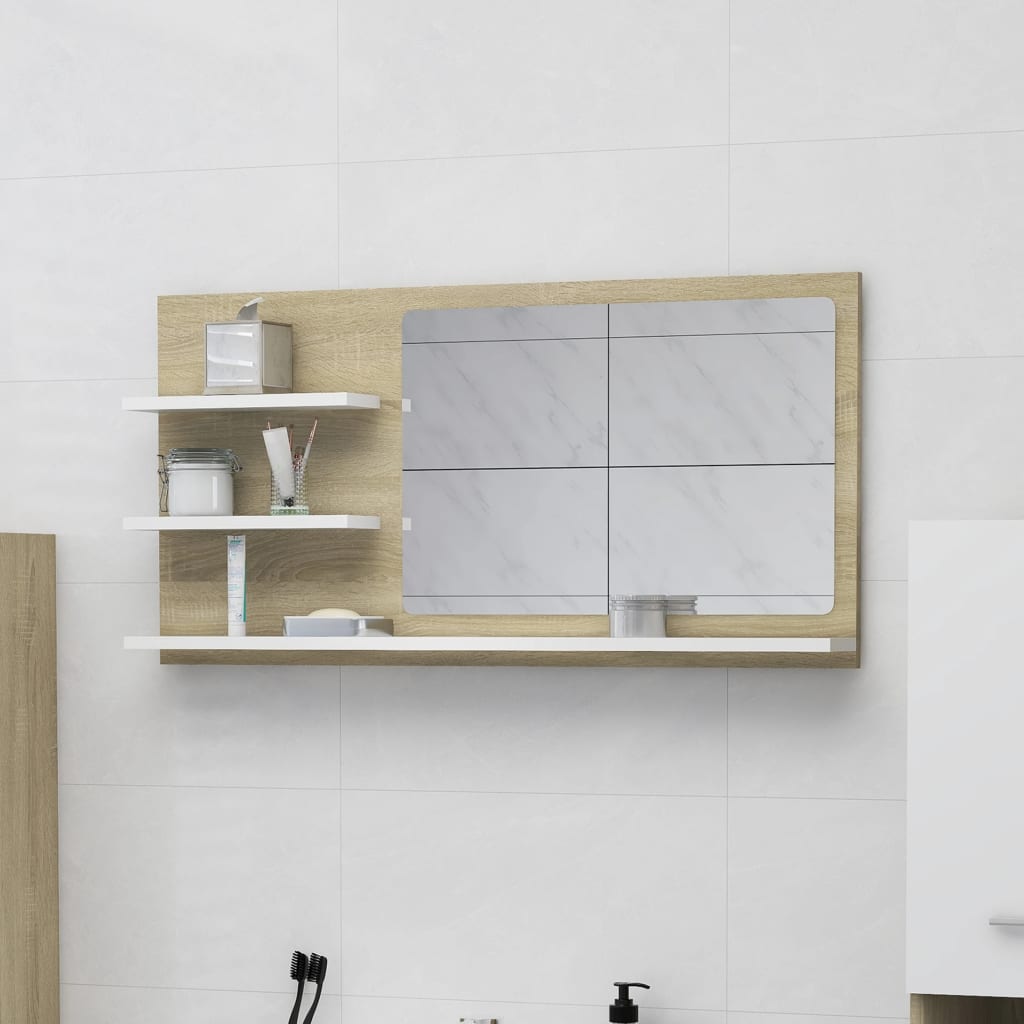 vidaXL fehér és sonoma színű forgácslap fürdőszobai tükör 90x10,5x45cm