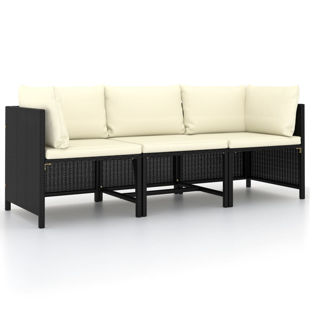 vidaXL 3 személyes fekete polyrattan kerti kanapé párnákkal