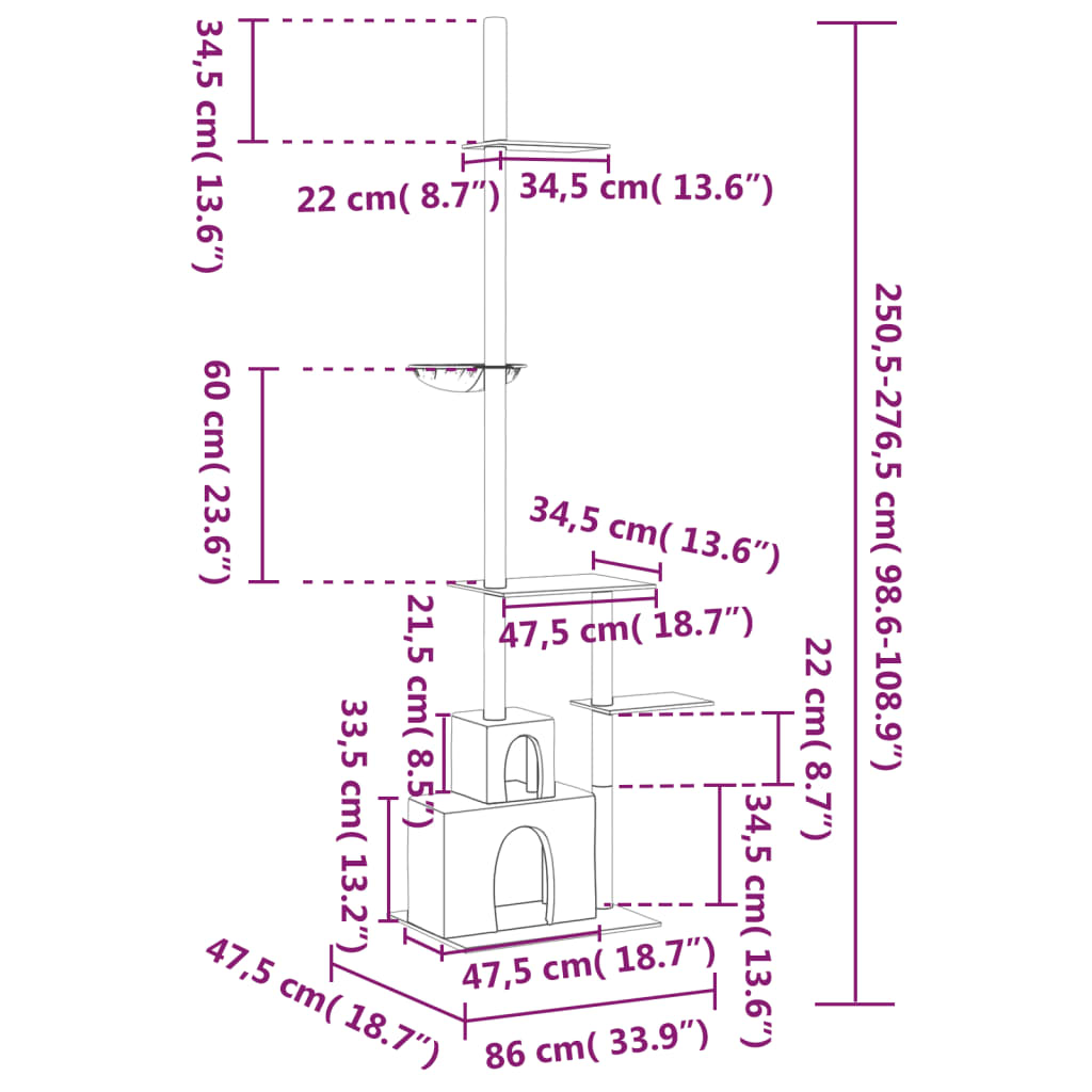 vidaXL világosszürke plafonig érő kaparófa 250,5-276,5 cm