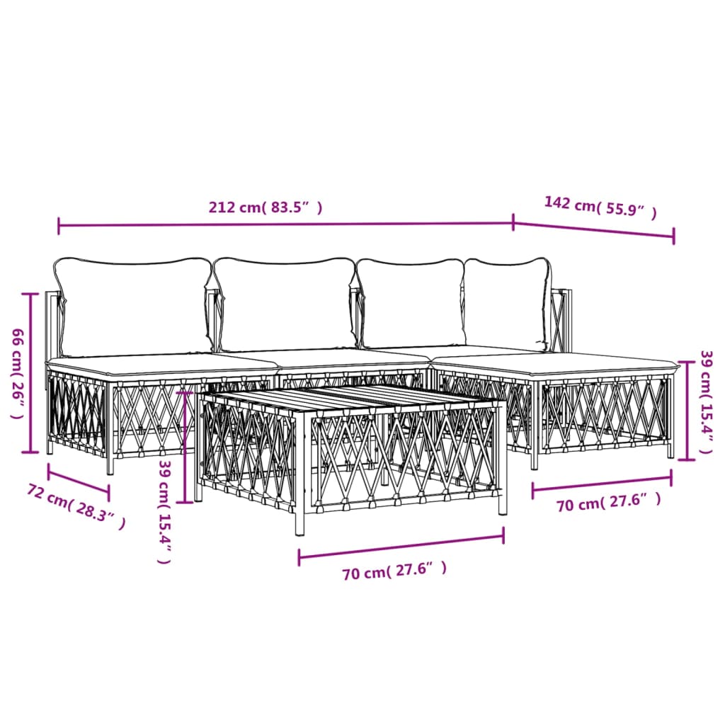 vidaXL 5-részes fehér acél kerti ülőgarnitúra párnákkal