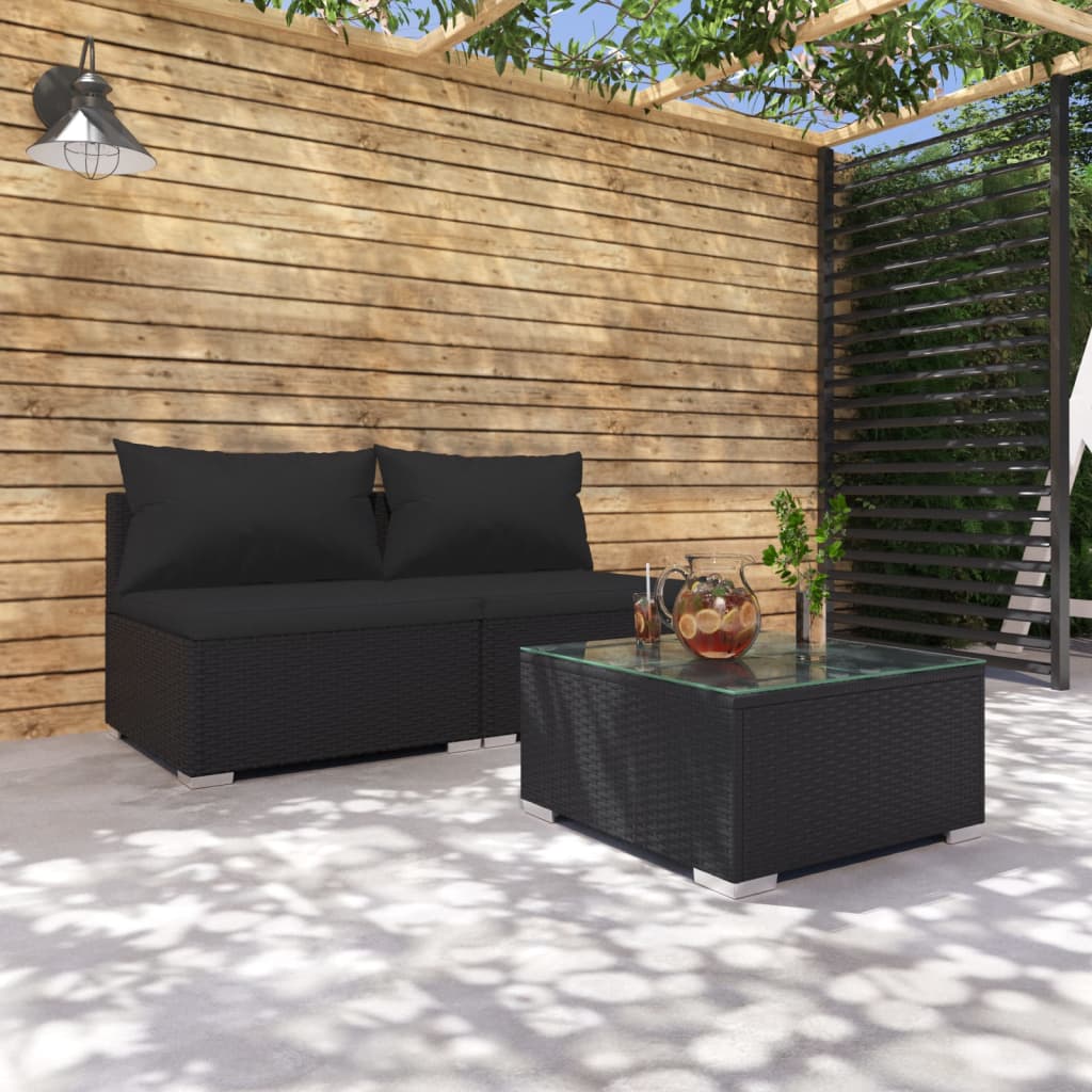 vidaXL 3 részes fekete polyrattan kerti ülőgarnitúra párnákkal