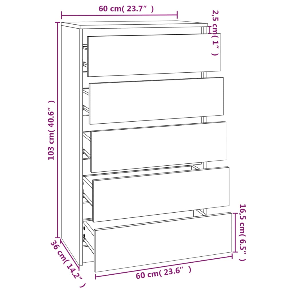 vidaXL fehér szerelt fa fiókos szekrény 60 x 36 x 103 cm