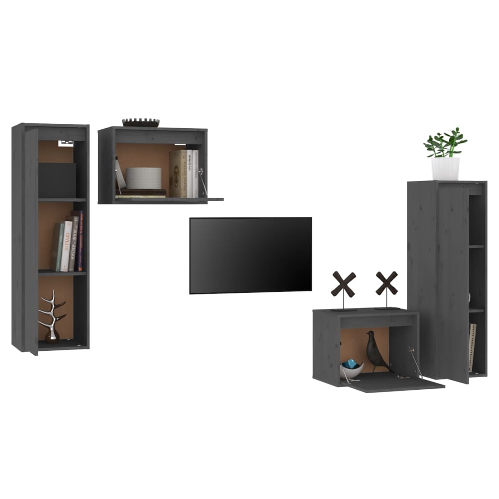 vidaXL 4 darab szürke tömör fenyőfa TV-szekrény