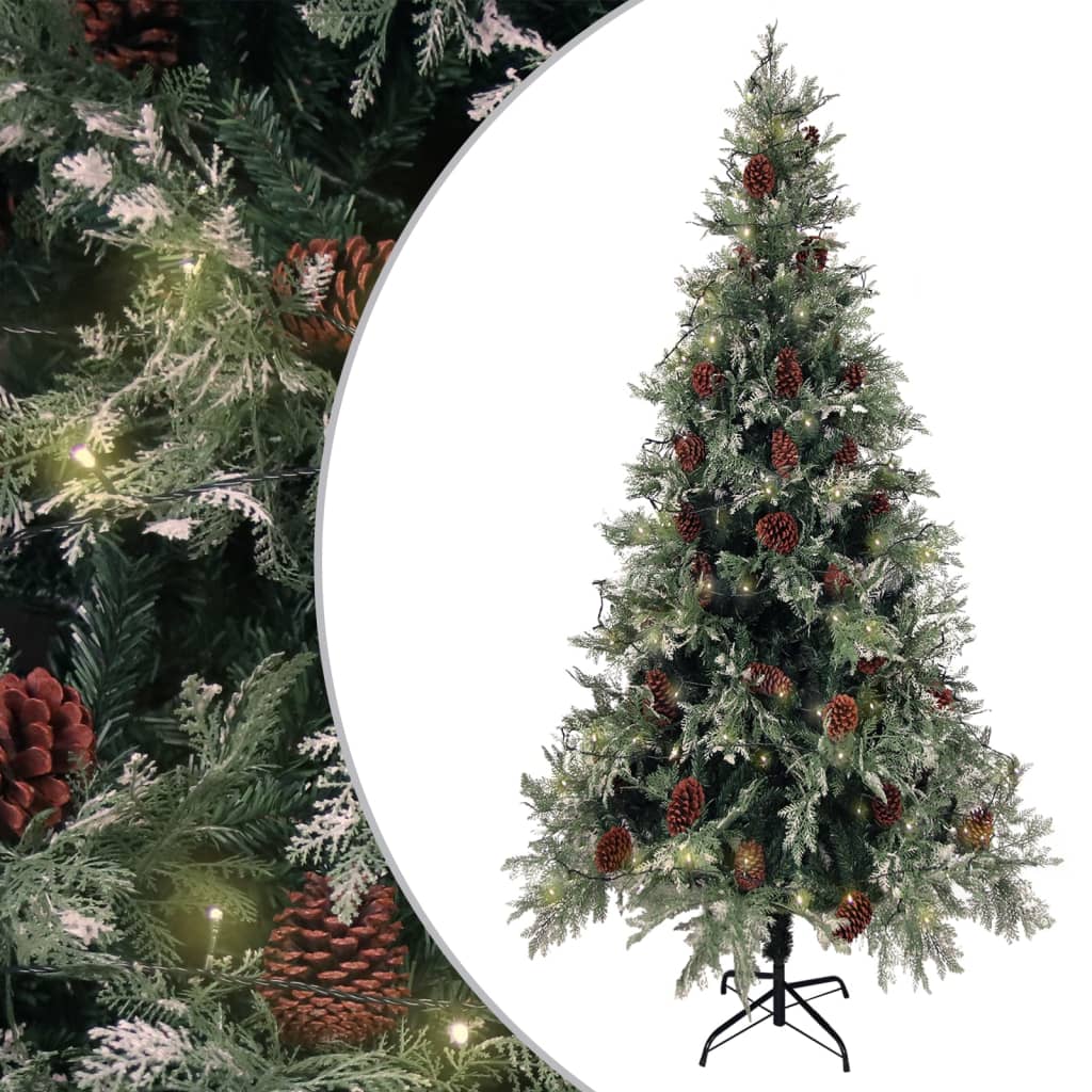 vidaXL zöld-fehér PVC és PE megvilágított karácsonyfa tobozzal 225 cm