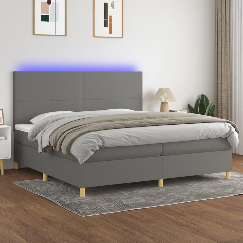 vidaXL sötétszürke szövet rugós és LED-es ágy matraccal 200x200 cm