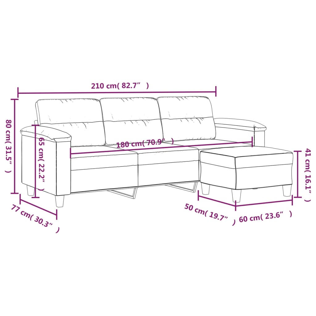 vidaXL 3 személyes világosszürke mikroszálas kanapé lábtartóval 180 cm