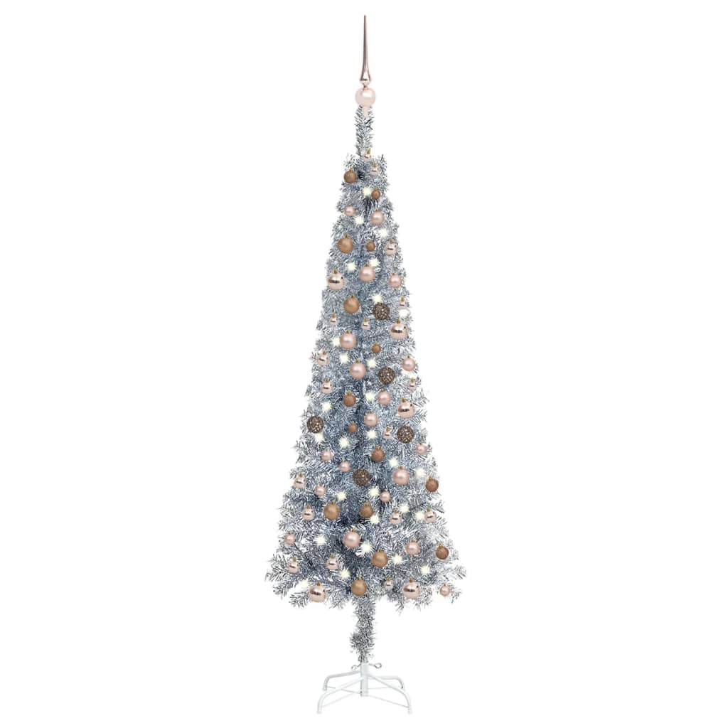 vidaXL ezüst megvilágított vékony műkarácsonyfa gömb szettel 180 cm