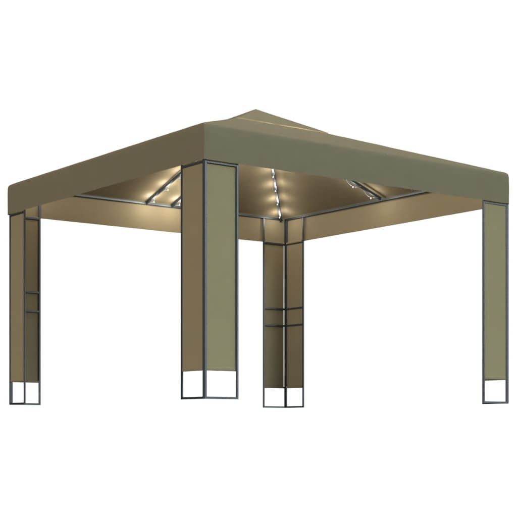 vidaXL tópszínű dupla tetős pavilon LED fényfüzérrel 3 x 3 x 2,7 m