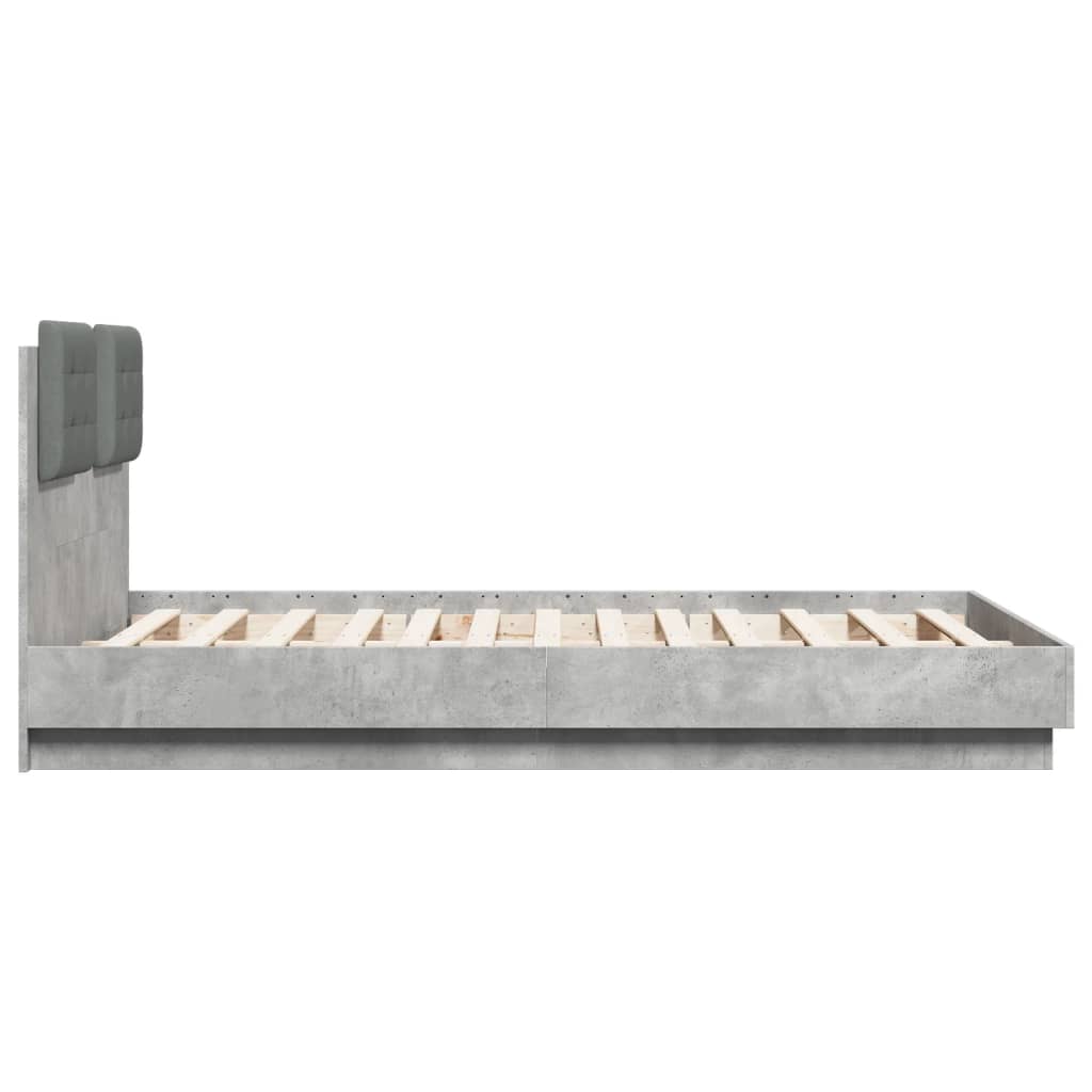 vidaXL betonszürke ágykeret fejtámlával és LED-világítással 140x190 cm