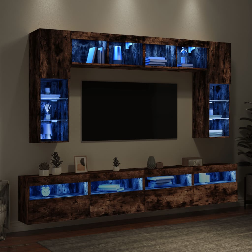 vidaXL 8 darabos füstös tölgy színű fali TV-szekrény szett LED-ekkel
