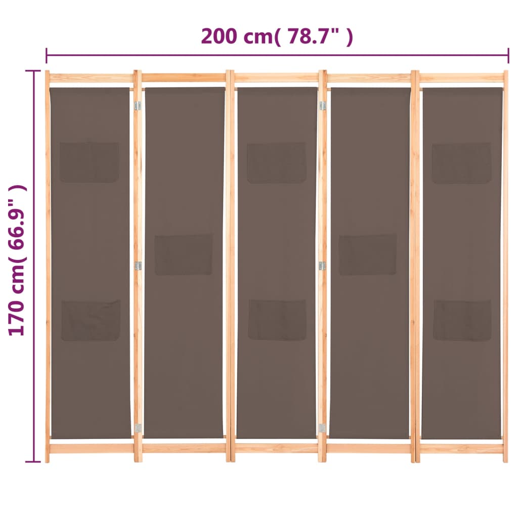 vidaXL barna 5-paneles szövetparaván 200 x 170 x 4 cm