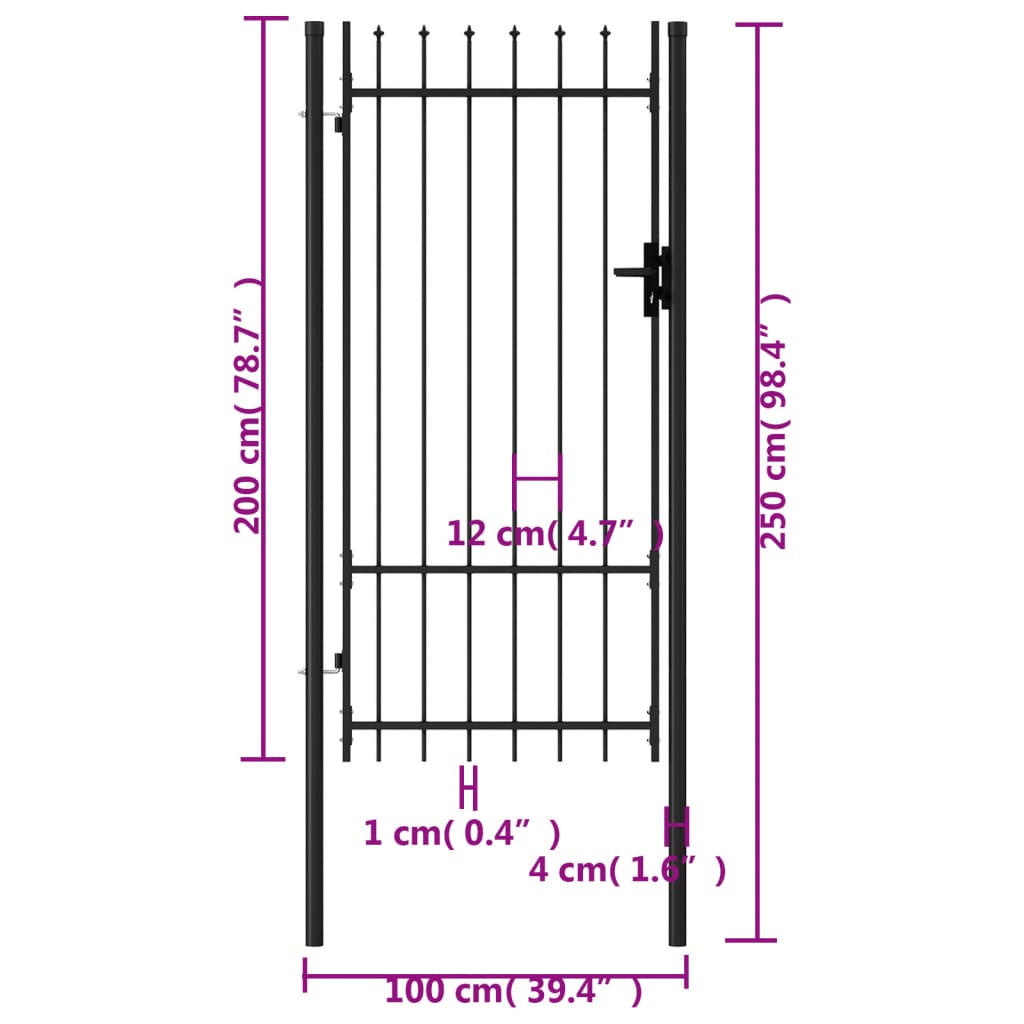 vidaXL fekete acél lándzsahegy tetejű kerítéskapu 1 x 2 m