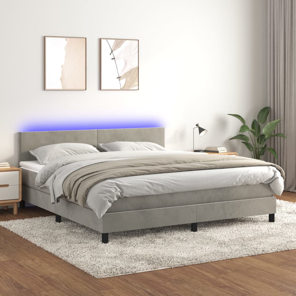 vidaXL világosszürke bársony rugós és LED-es ágy matraccal 160x200 cm