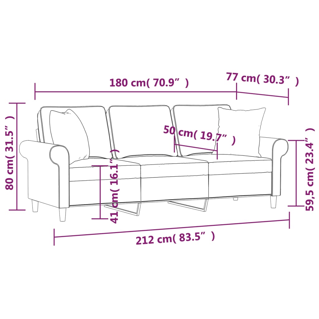 vidaXL 3 személyes sötétszürke szövet kanapé párnákkal 180 cm