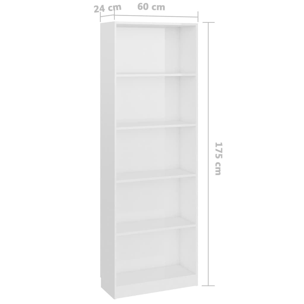 vidaXL 5-szintes magasfényű fehér forgácslap könyvszekrény 60x24x175cm