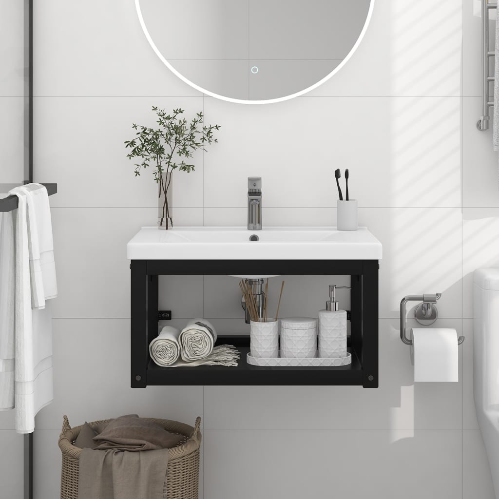 vidaXL fekete vas fürdőszobai fali mosdókagylókeret 59 x 38 x 31 cm
