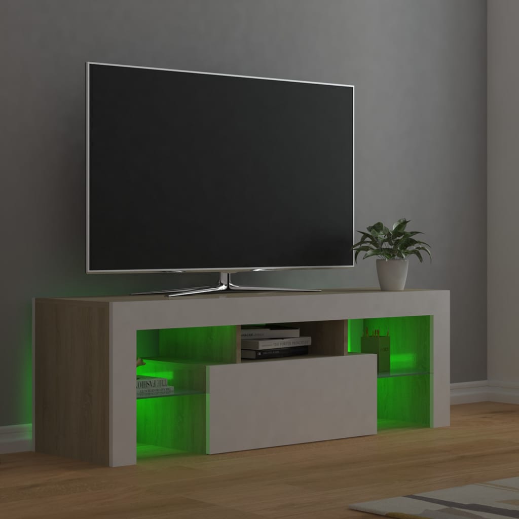 vidaXL fehér és tölgyszínű TV-szekrény LED-lámpákkal 120 x 35 x 40 cm