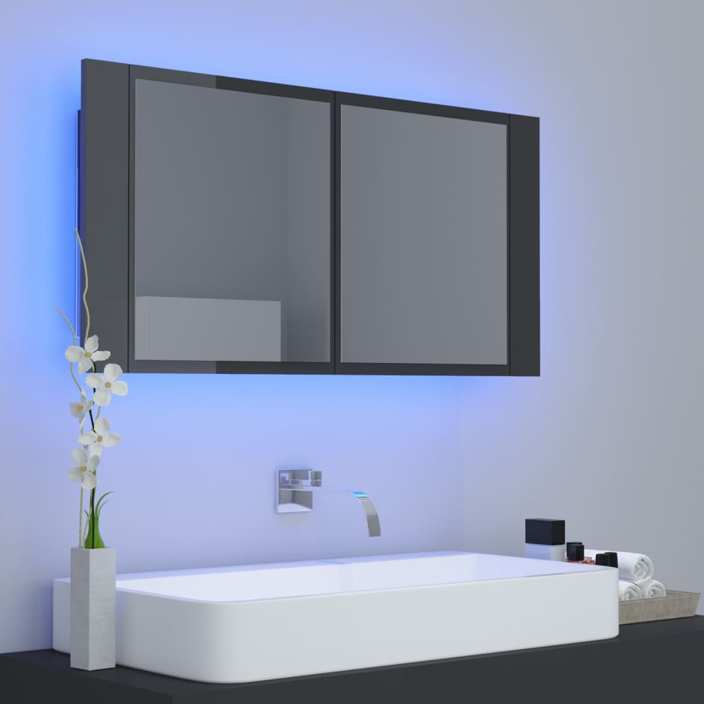 vidaXL magasfényű szürke LED-es tükrös fürdőszobaszekrény 90x12x45 cm
