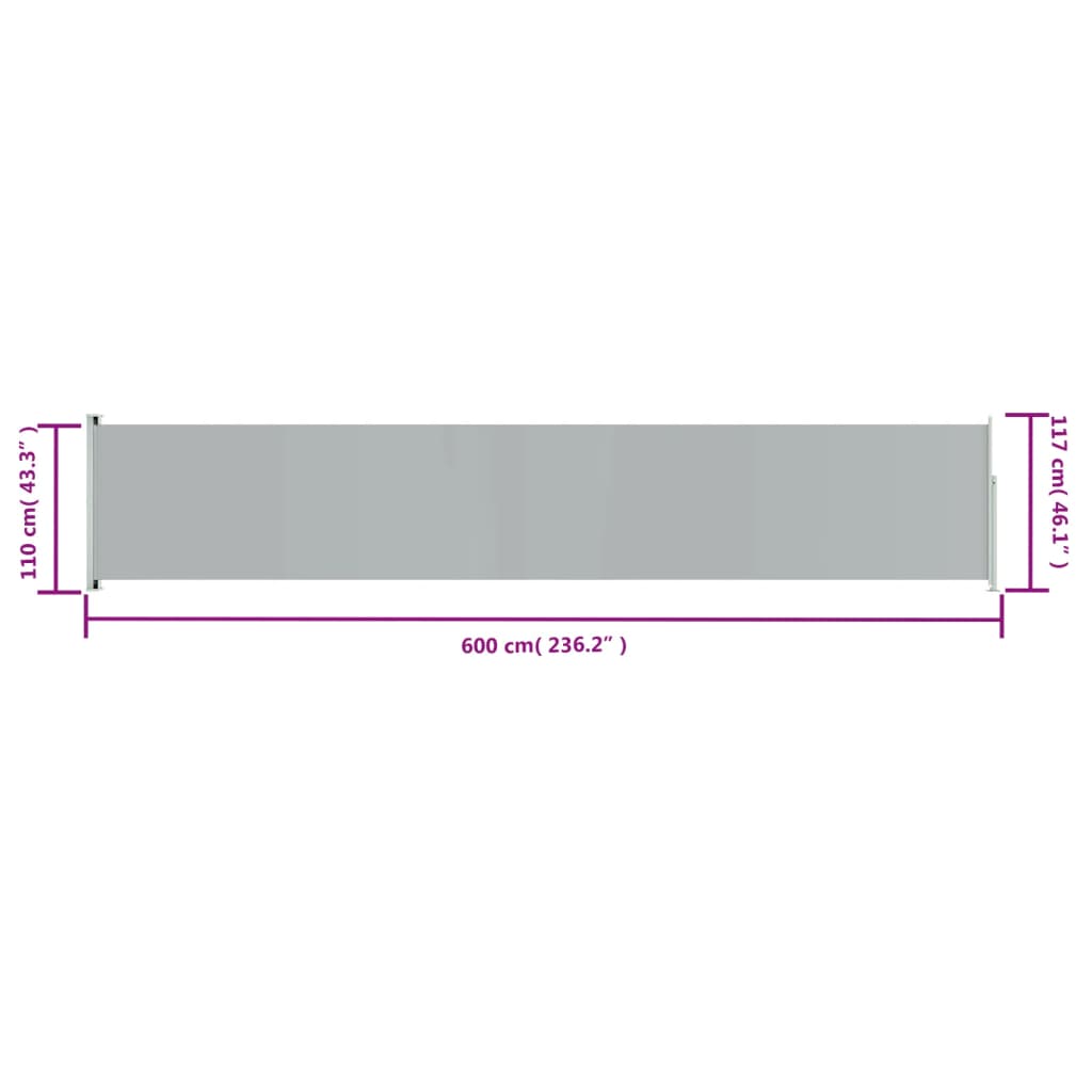 vidaXL szürke behúzható oldalsó terasznapellenző 117 x 600 cm