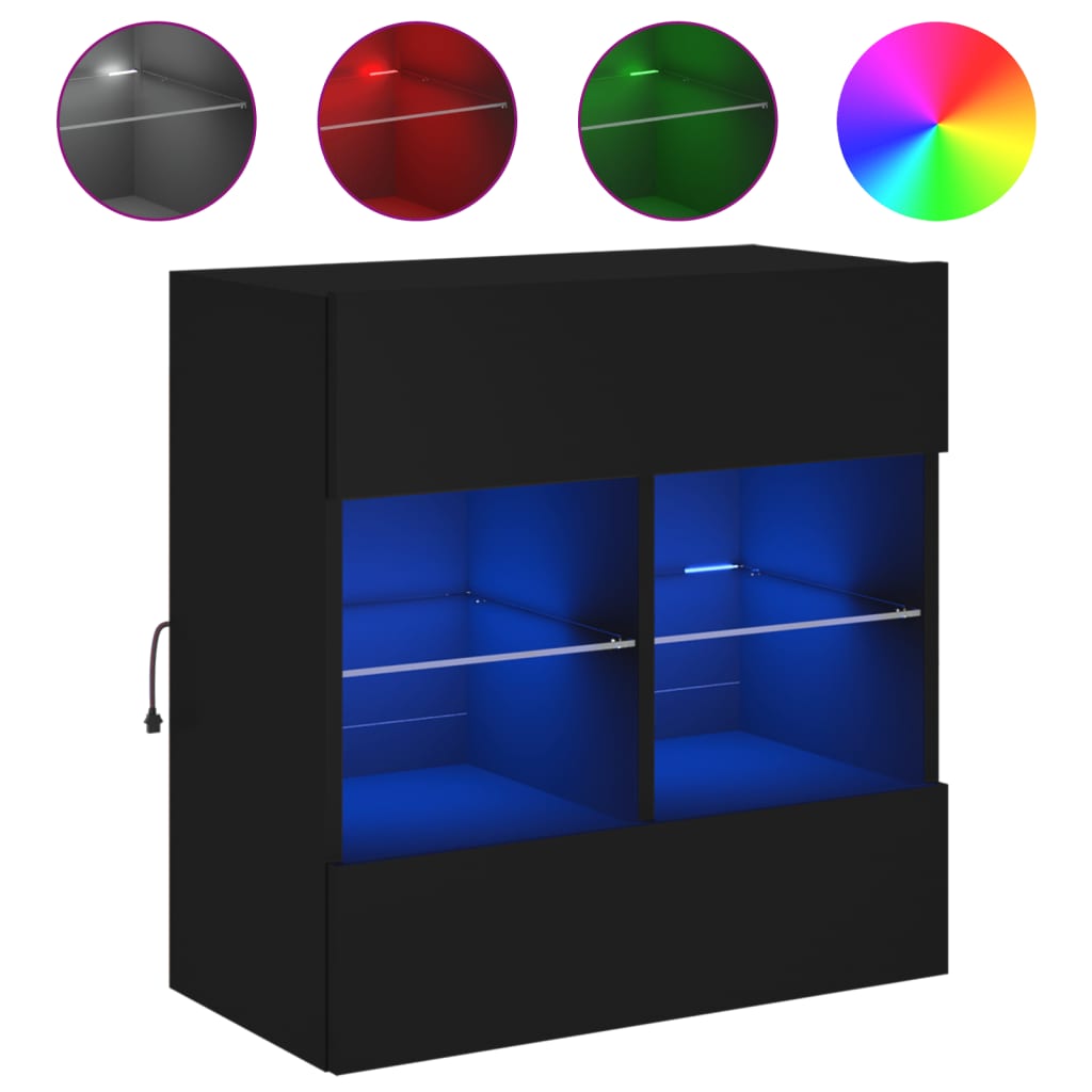 vidaXL fekete falra szerelhető TV-szekrény LED-lámpákkal 58,5x30x60,5