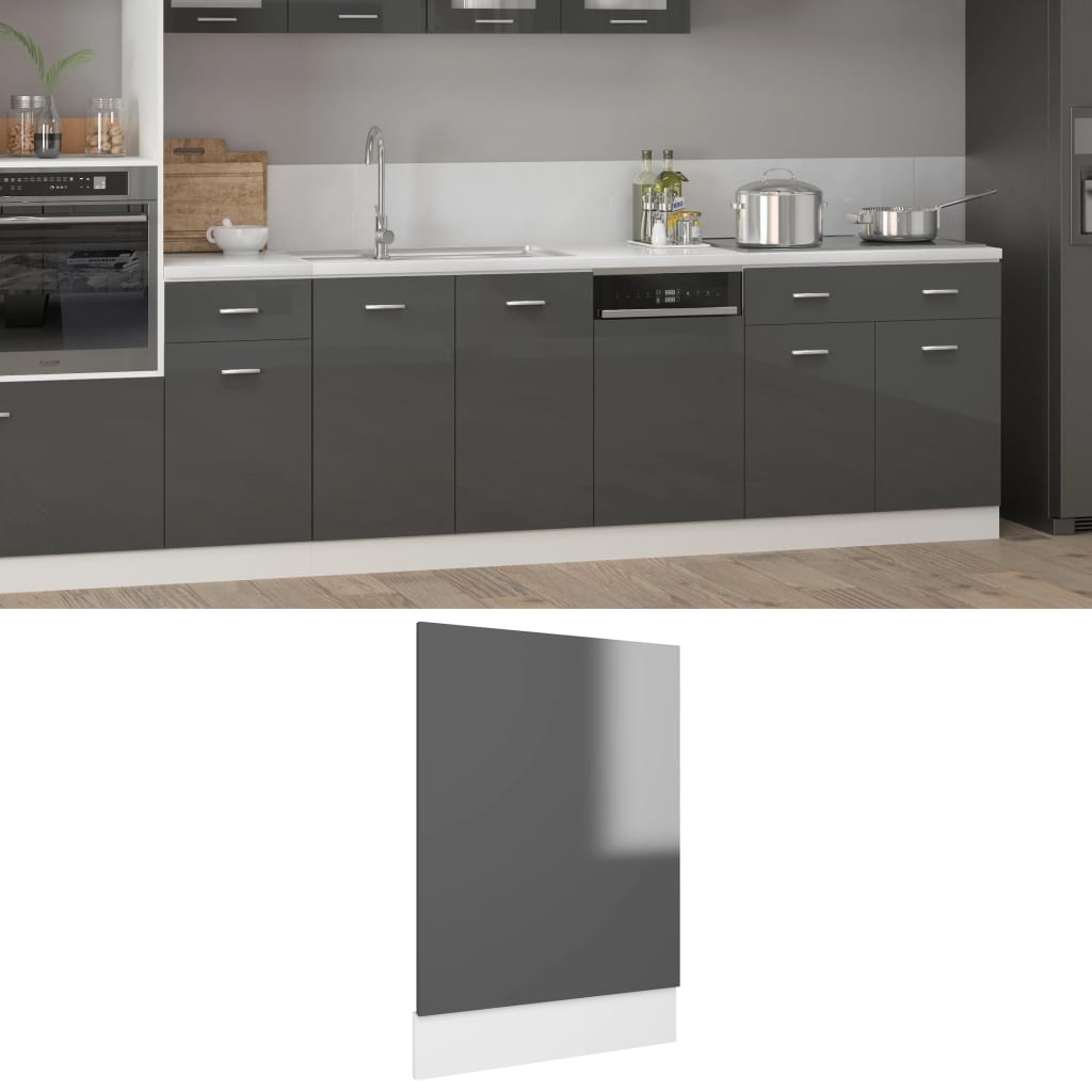 vidaXL magasfényű szürke forgácslap mosogatógép-panel 45 x 3 x 67 cm