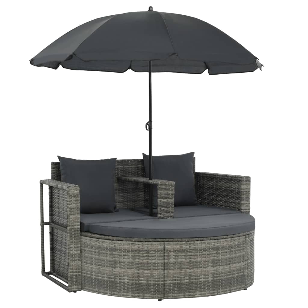 vidaXL szürke 2 személyes polyrattan kerti kanapé párnákkal/ernyővel
