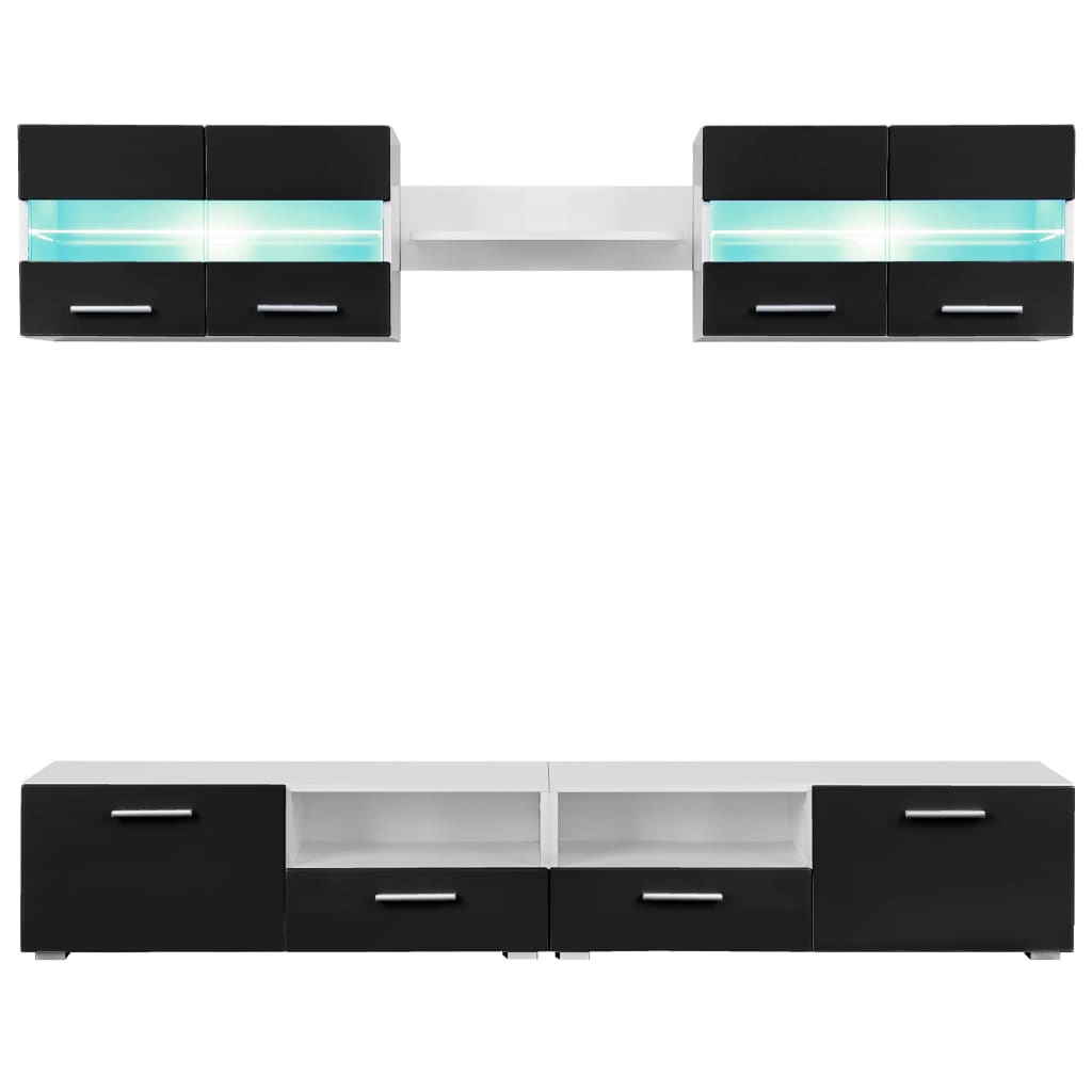 vidaXL 5-részes magasfényű fekete fali TV-szekrény LED-fényekkel