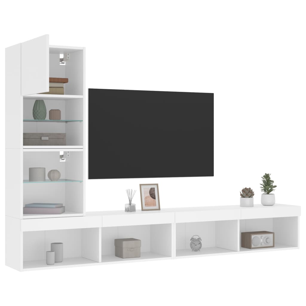 vidaXL 4 darab fehér szerelt fa fali TV-bútor LED-del