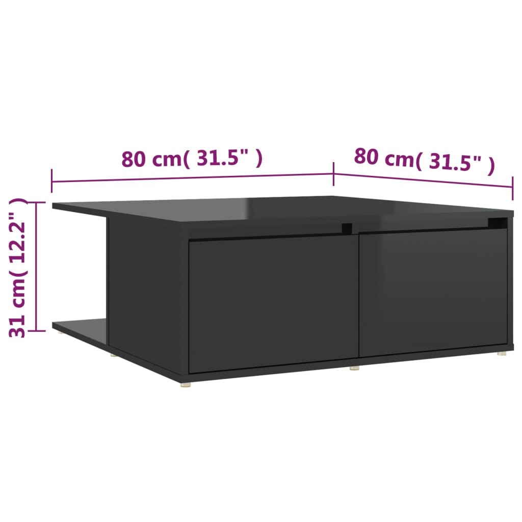 vidaXL magasfényű fekete forgácslap dohányzóasztal 80 x 80 x 31 cm
