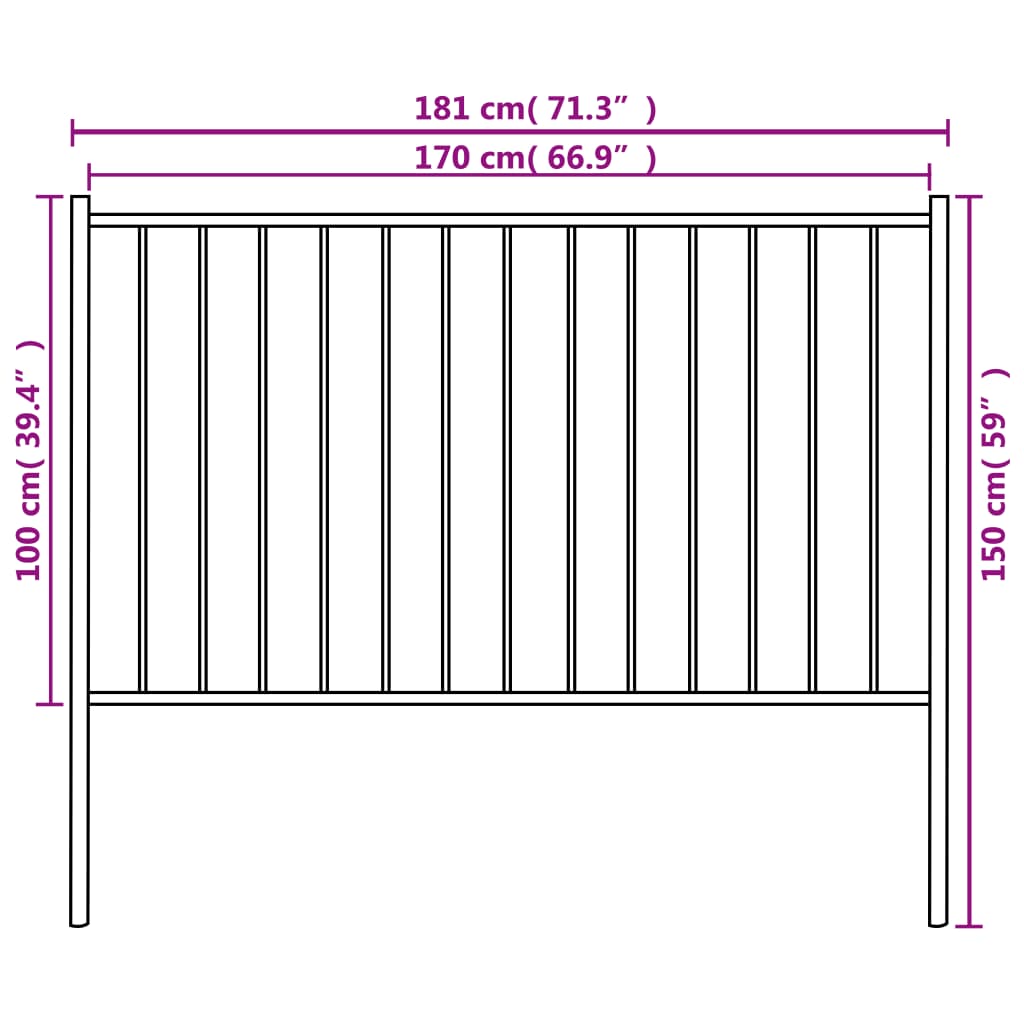 vidaXL fekete porszórt acél kerítéspanel oszlopokkal 1,7 x 1 m