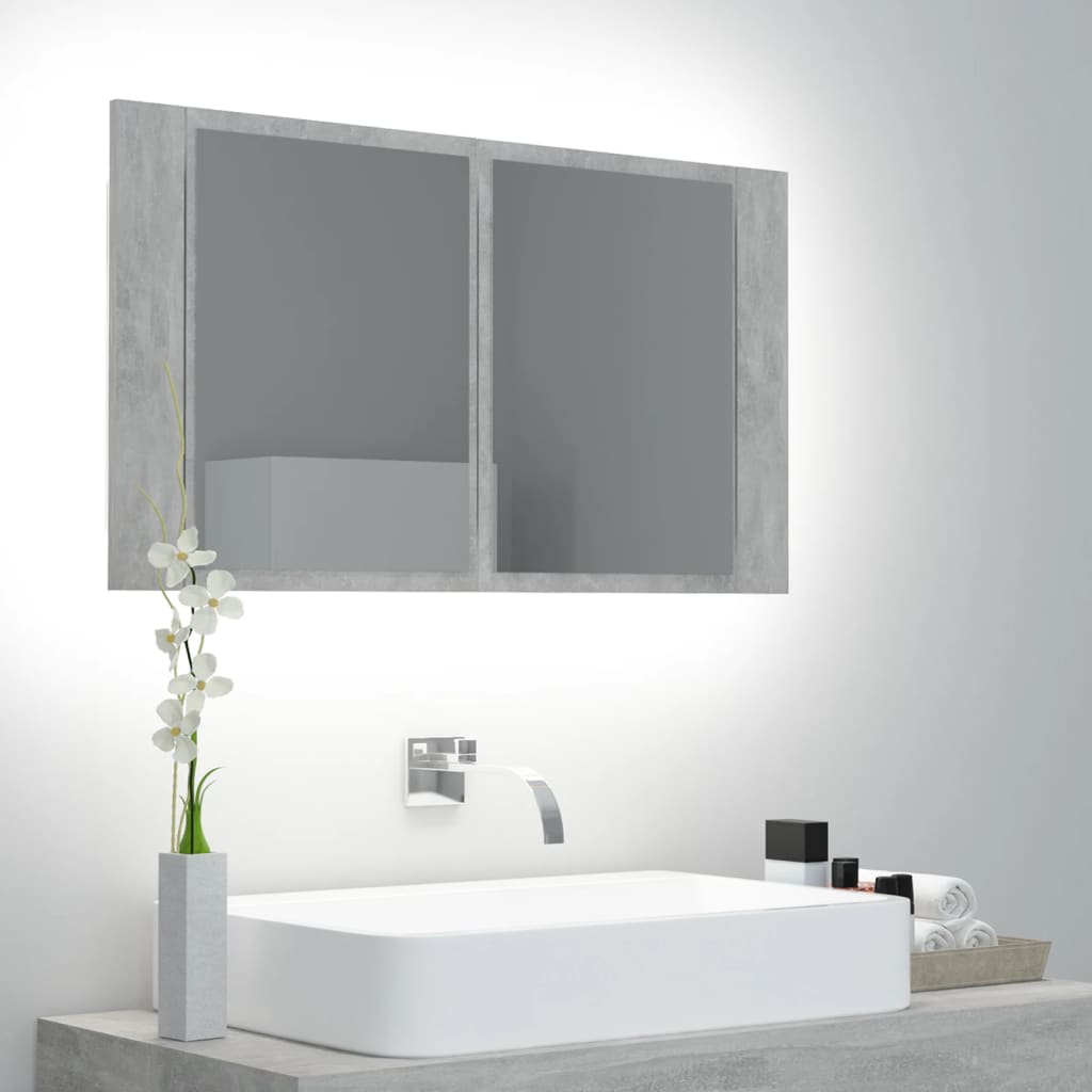 vidaXL betonszürke akril LED-es tükrös fürdőszobaszekrény 80x12x45 cm