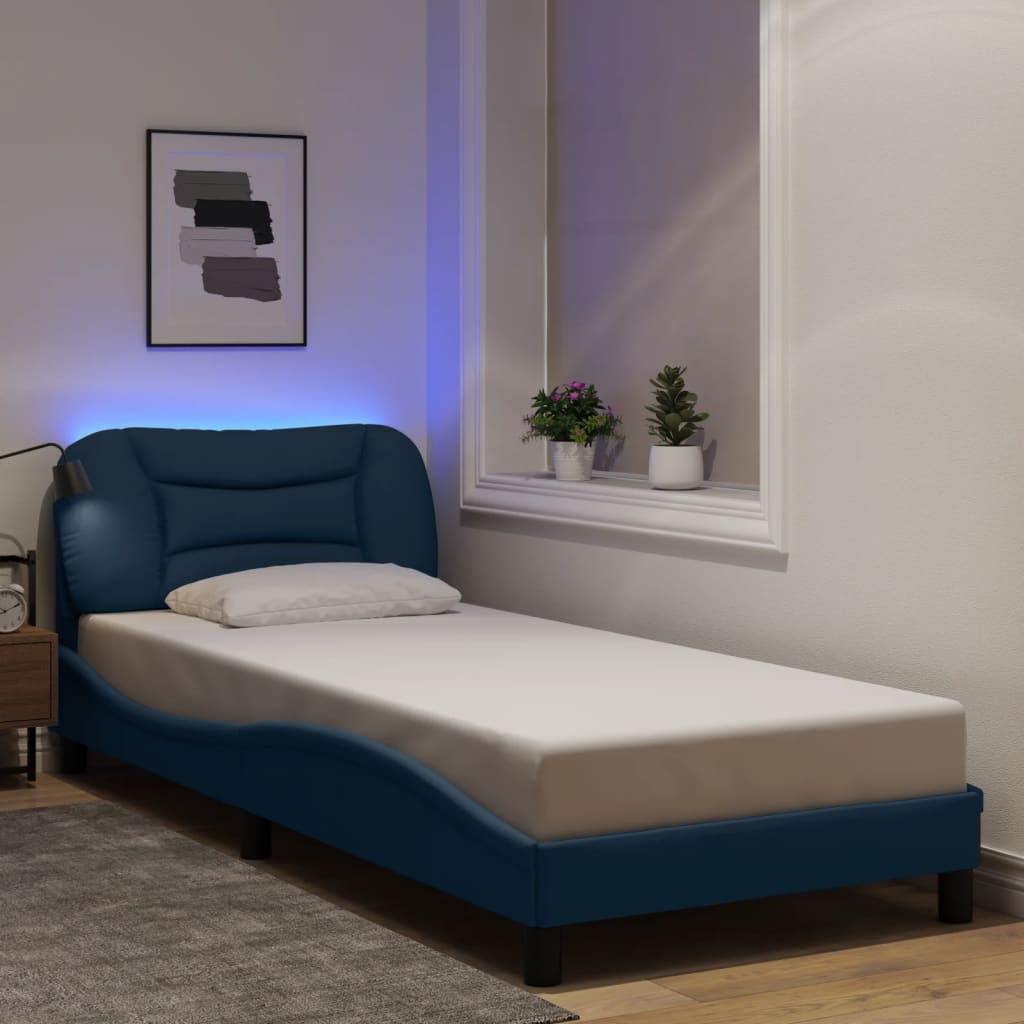 vidaXL kék szövet ágykeret LED-világítással 90 x 200 cm