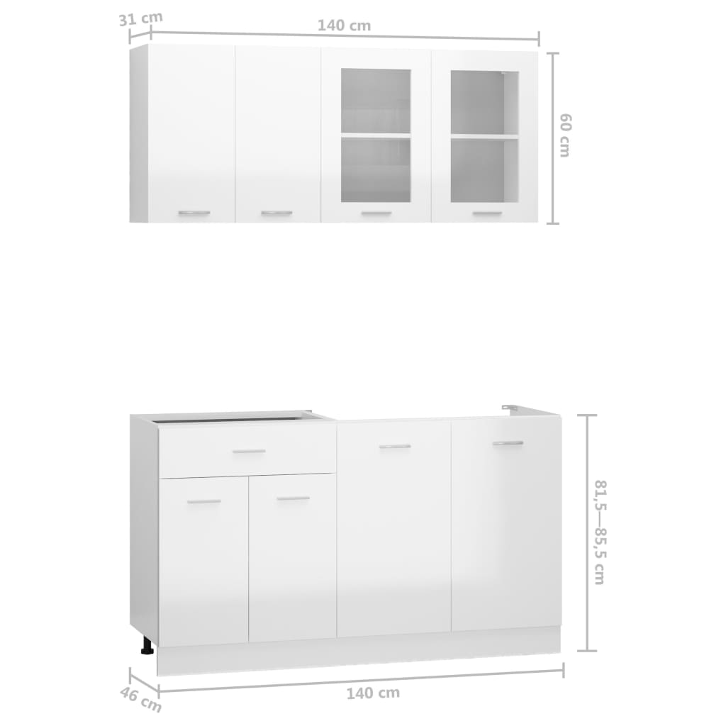 vidaXL 4 részes magasfényű fehér forgácslap konyhai szekrénygarnitúra