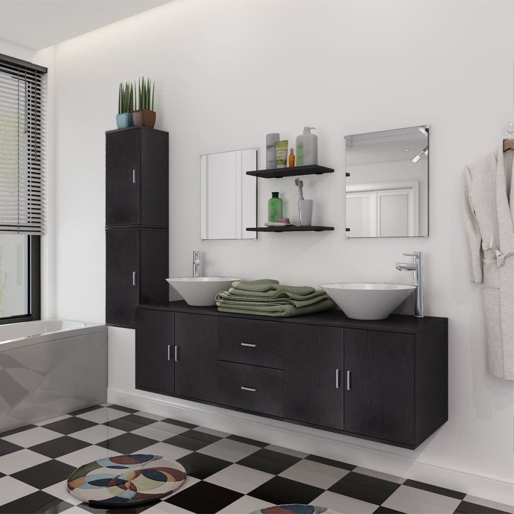 vidaXL 11 részes fürdőszobabútor szett mosdótállal és csappal fekete