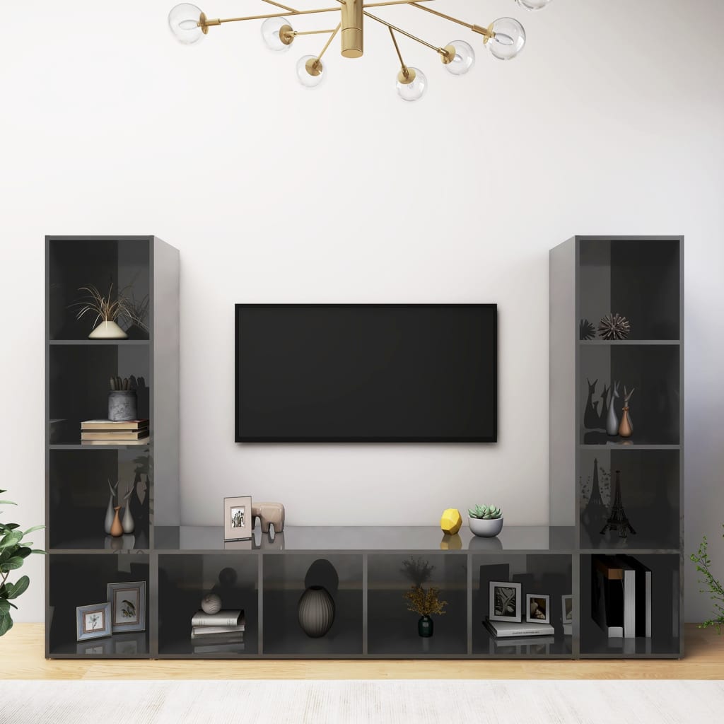 vidaXL 3 db magasfényű szürke forgácslap TV-szekrény 142,5x35x36,5 cm