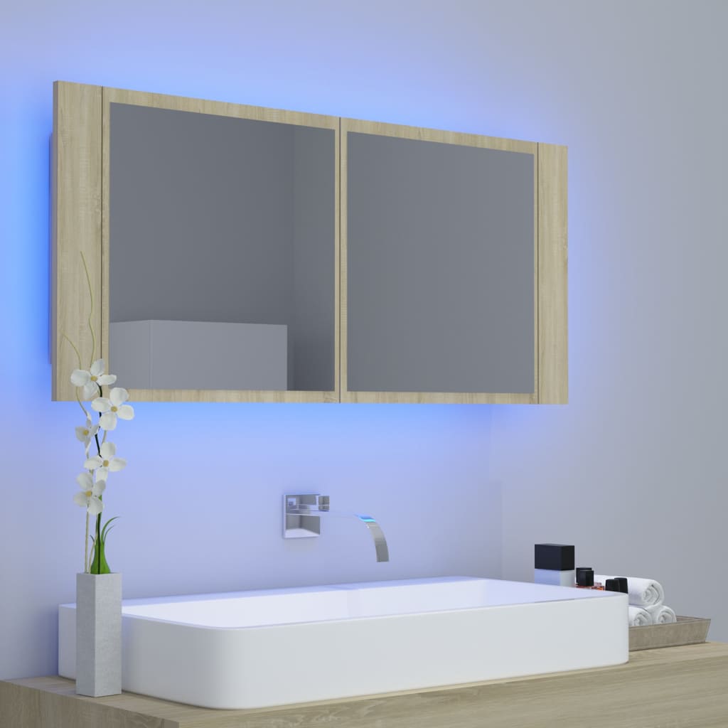 vidaXL tölgyszínű LED-es tükrös fürdőszobaszekrény 100 x 12 x 45 cm