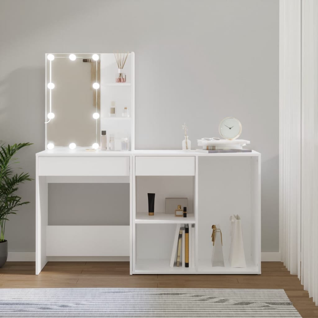 vidaXL fehér szerelt fa fésülködőasztal LED-ekkel és szekrénnyel