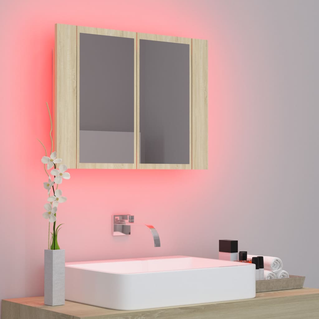 vidaXL tölgyszínű akril LED-es tükrös fürdőszobaszekrény 60x12x45 cm