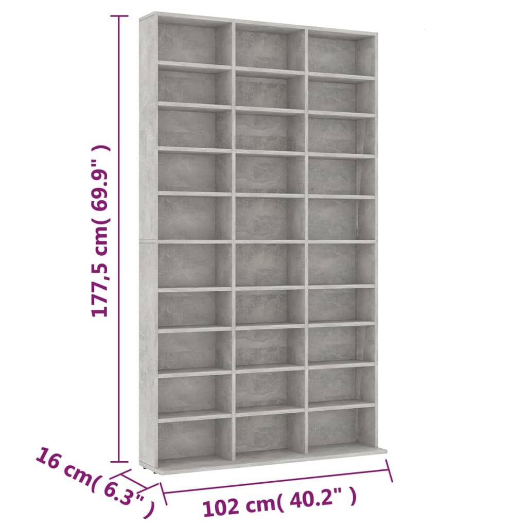 vidaXL betonszürke szerelt fa CD-szekrény 102 x 16 x 177,5 cm