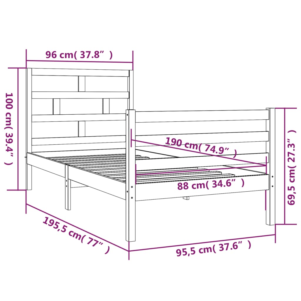 vidaXL tömör fa ágykeret 90 x 190 cm (Single)