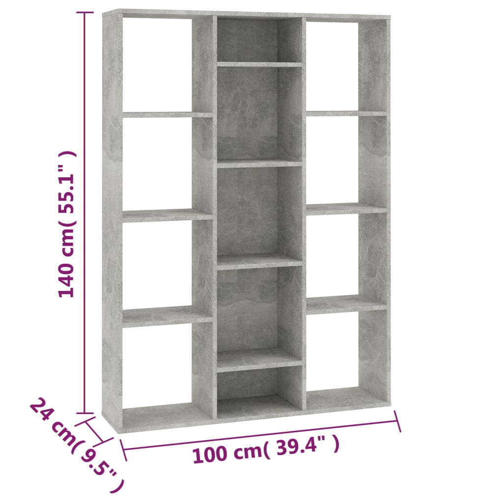 vidaXL betonszürke térelválasztó/könyvszekrény 100 x 24 x 140 cm