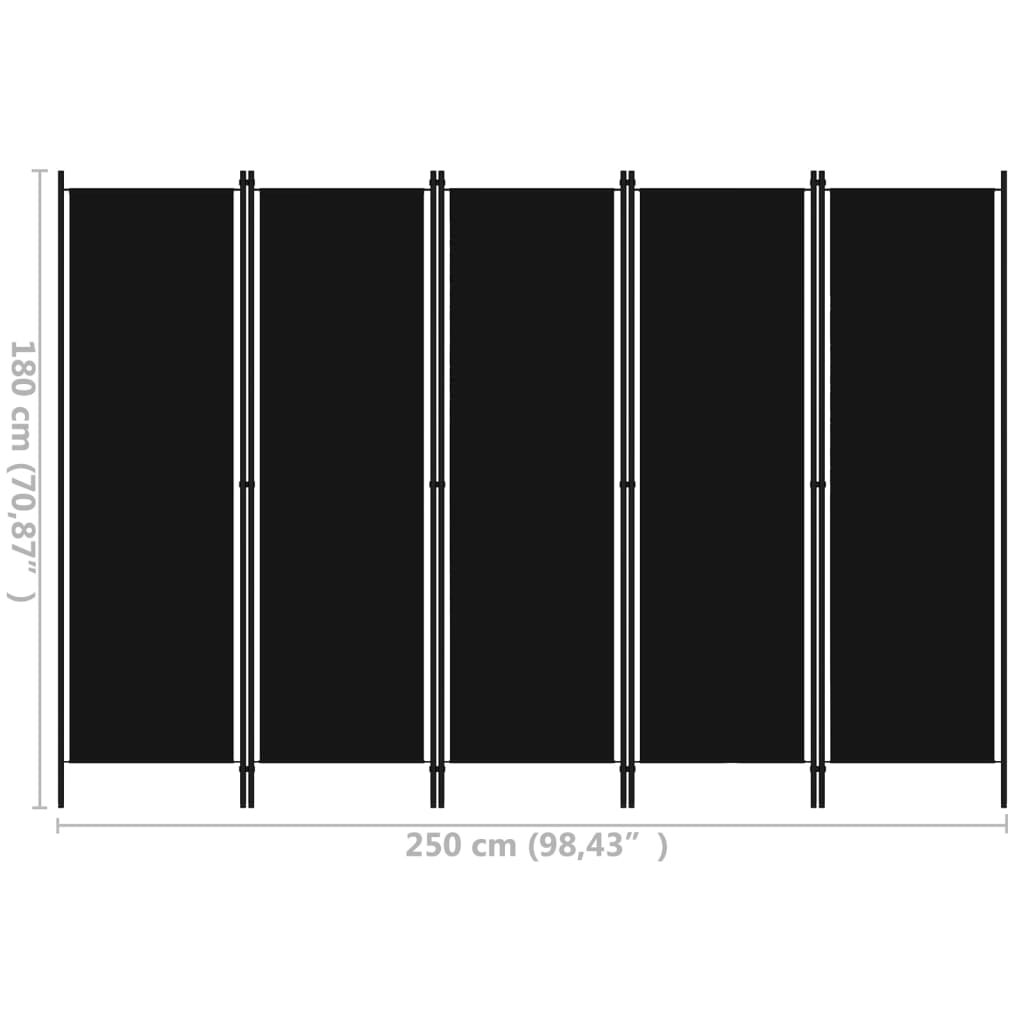 vidaXL fekete 5 paneles paraván 250 x 180 cm
