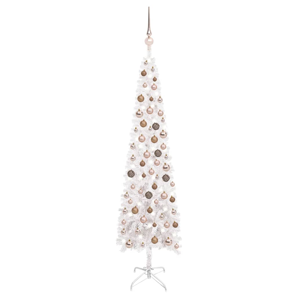 vidaXL fehér vékony karácsonyfa LED-ekkel és gömbszettel 150 cm